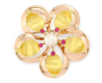 Foto 1 - Blüten Handarbeits-Brosche mit Perle und Rubinen 18K Gold, S2504
